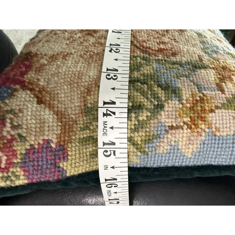 VTG Needlepoint Throw Pillow Golden Retriever Puppies Cat Floral Velvet Back